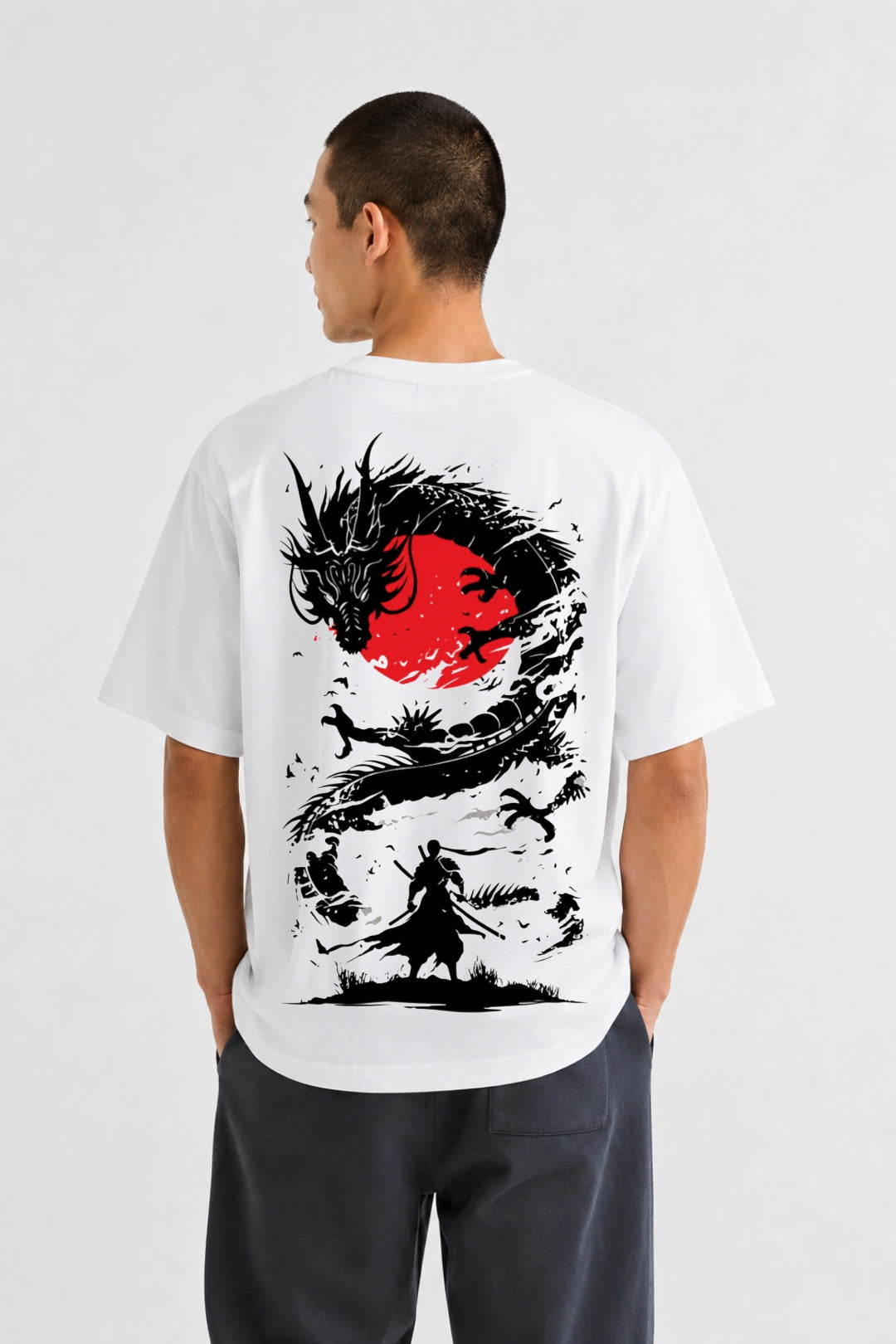 Samurai Dragon Eclipse Oversized Anime Streetwear T-Shirt – Front & Back Graphic Tee