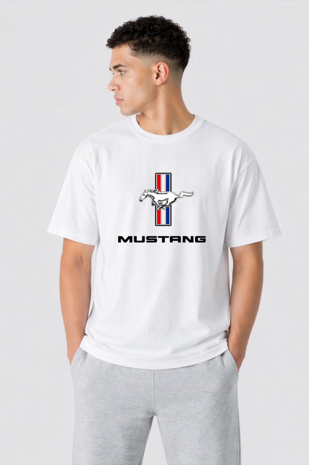 Ford Mustang Inspired Graphic T-Shirt – Front Logo & Back Car Design | Premium White Cotton Tee