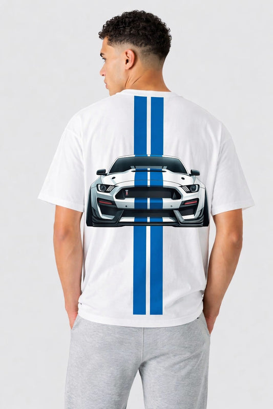 Ford Mustang Inspired Graphic T-Shirt – Front Logo & Back Car Design | Premium White Cotton Tee